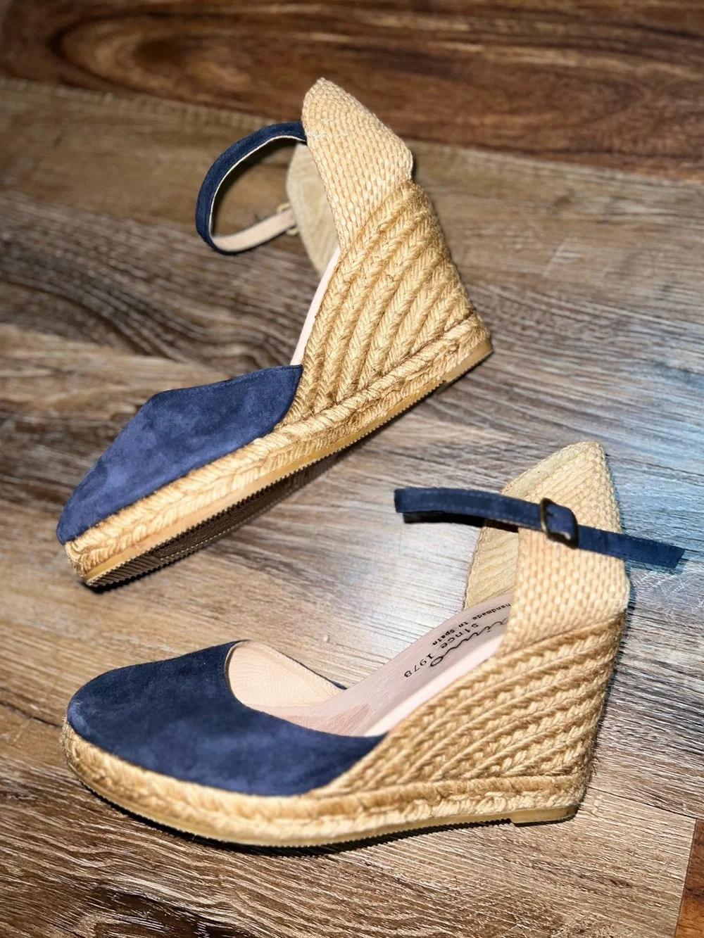 Gaimo Navy Blue Suede Espadrille Ankle Strap Wedge Sandals, Size 7.5